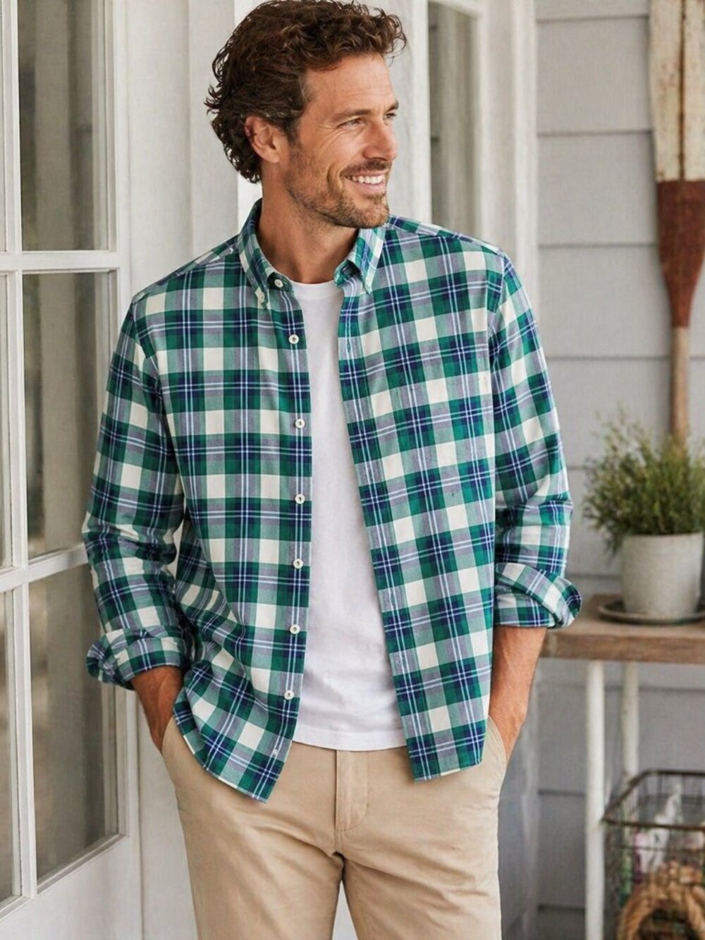 Boden Men’s XL Plaid Button Down Shirt Regular Fit Green Blue Cotton Preppy
